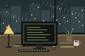 Pixel art desk with a CRT beside a rainy nighttime city window